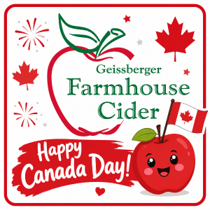 Canada Day themed cider label design featuring a red apple outline with green leaves, the text 'Geissberger Farmhouse Cider,' 'Happy Canada Day!' on a red banner, maple leaves, fireworks, and a smiling cartoon apple holding a Canadian flag.